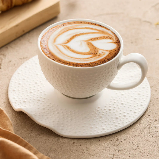 Sesame Point Matte Coffee Cup & Saucer Set – Artisanal Textured Fine Ceramic