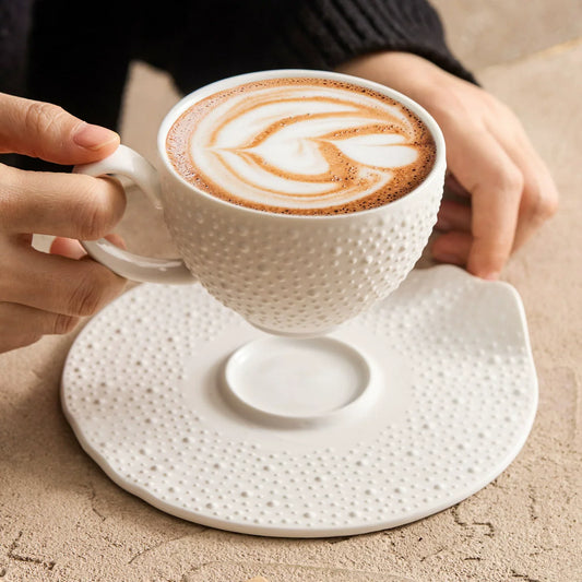 Sesame Point Matte Coffee Cup & Saucer Set – Artisanal Textured Fine Ceramic